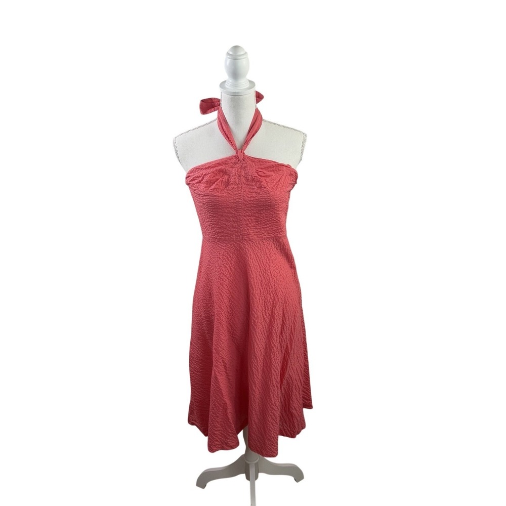J.Crew Embossed-cotton Aubrey Halter Dress Coral Sz 8 Preppy Vacation Summer